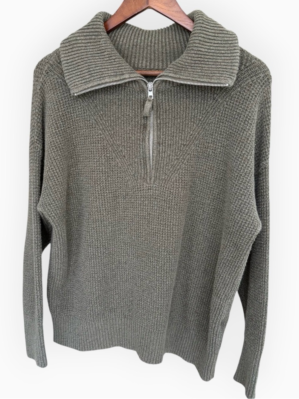 Aerie Size XS Gray Olive Green Ribbed Knit Oversized Quarter 1/4 Zip Up Sweater